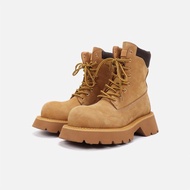 notdetailed原創 圓頭厚底馬丁靴 真皮中跟大黃靴 工裝靴男女同款