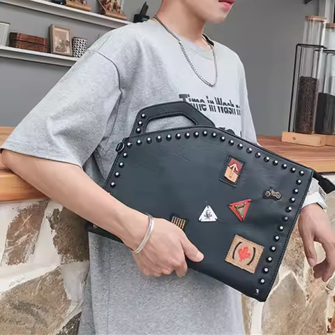 Rivet Appliques Men's Clutch Bag Luxury Design Clutches Bag Men Shoulder Bag PU Leather Handbag Cros