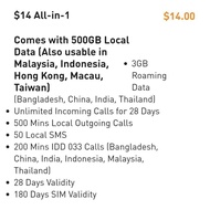 M1 Prepaid $14 All-In-1 Plan (28 Days) | 500GB Local Data + 3GB Roaming | 200 IDD Mins