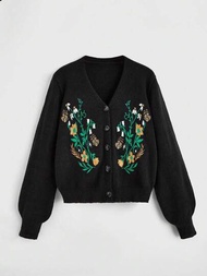 ROMWE Fairycore 春季刺繡花朵、蝴蝶和對比色設計的薄針織開襟毛衣