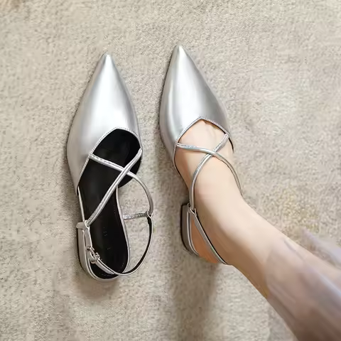 Korean Shoes Low Heels Shallow Mouth Round Toe Patent Leather Ballet Flats 2025 Summer Cross Pointed