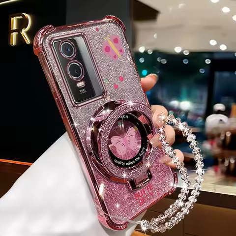 Strap Glitter Butterfly Phone Holder Case For Vivo Y76 Y72 Y51 Y36 Y35 Y33S Y21S Y33T Y30 Y28 Y27 Y2