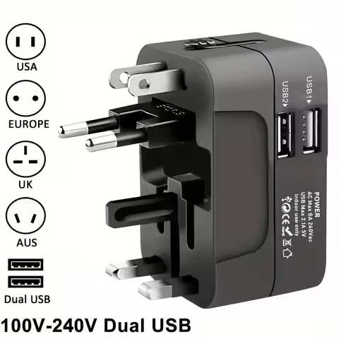 Universal AC power adapter with dual USB charging ports, universal travel plugs and sockets, EU-US A