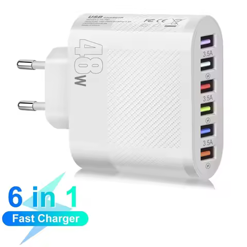 48W 6 Ports USB Charger Quick Charger 3.0 Fast Mobile Phone Charger For Samsung Xiaomi iPhone 14 13 