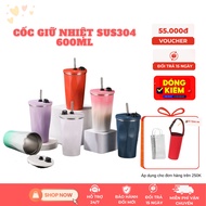 CC.Mart Premium Thermal Cup SUS304 600ml, Thermal Cup with Straw, Lid, Spill-Proof Lid Keeps Heat fo