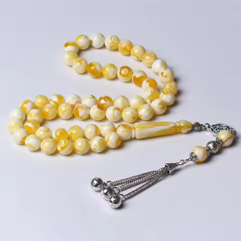 Islamic Tasbih 33 rosary yellow resin Amber tesbih Silver color Metal tassel Muslim Ramadan Gift ara