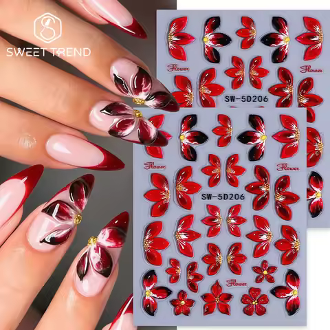 2pcs 5D Red Petal Embossed Nail Sticker Wine Red Lily Flowers Image Foils Metal Gold Line Design Spr