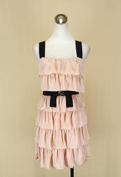 貞新二手衣 (Noue Rue) NR 日本專櫃 粉裸平口無袖緞面洋裝蛋糕裙M(3號)(14618)