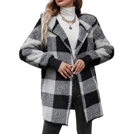 Winter Sweater Coat Plaid Print Hooded Thick Windproof Open Stitch Cardigan Outerwear Mid Length Fuz