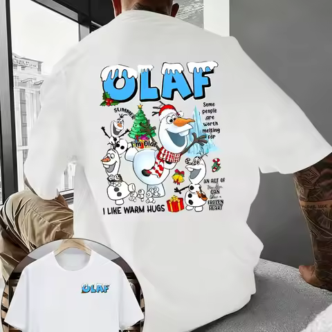 Men'S Trendy Short-Sleeve Crew Neck Featuring a Front And Back Print of Olaf from Frozen