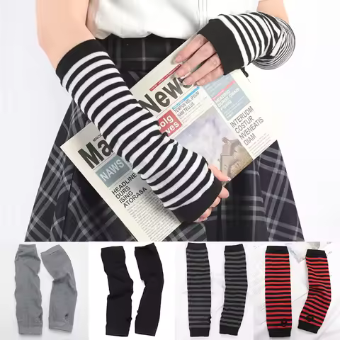 Punk Winter Warm Long Sleeves Gloves Goth Men Women Fingerless Stripe Hip-Hop Knitted Elbow Mittens 