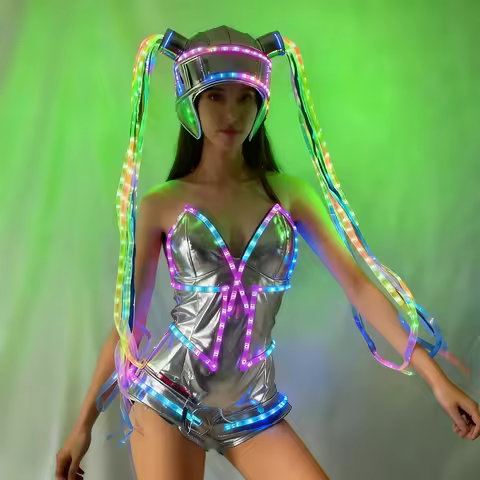 LED Color Change Female Luminous Costume Fantasy Jumpsuit Long Braids Masquerade Stage DS Performanc