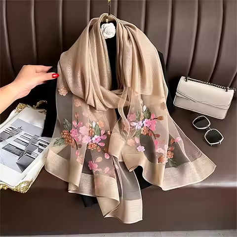 Women Silk Wool Scarf Floral Embroidery Hijab Female Foulard Spring Summer Thin Pashmina Shawls Wrap