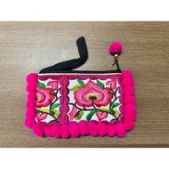 Hilltribe Bag With Pom Poms With Zipper And Lining 2-Sided Embroidery With Strap Coin Purse Coin Pou