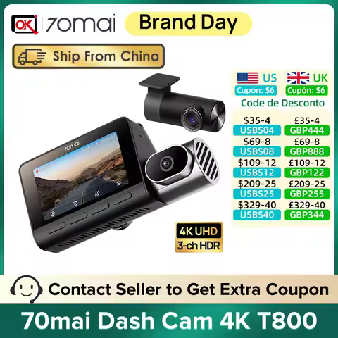 70mai 4K T800 3-Channel HDR Dash Cam Support 24h Parking Surveillance AI Motion Detection Voice Cont