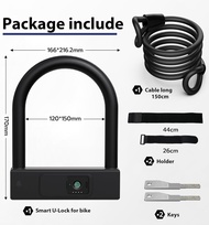 Bike U Lock with Fingerprint Heavy Duty Anti Theft Smart Bike Cable U Lock with Key 18.4mm Shackle w