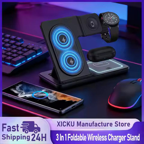 3 In 1 Foldable Wireless Charger Stand LED Fast Charging Station for Samsung S25 S24 S23 Galaxy Watc