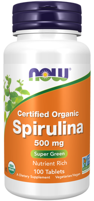 สาหร่ายเกลียวทอง / NOW Foods, Certified Organic Spirulina, 3,000 mg, 100 Tablets (500 mg per Tablet) - [EXP 08/2026]