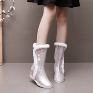 [Baosong Embroidered Shoes 2] Hanfu Shoes Plus Velvet Thickened But Knee Boots Inner Heightened Embroidered Shoes Dance Shoes Performance High-Heeled Cotton Boots Women's BootAa1