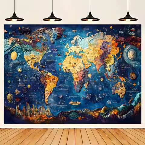 1 large-sized map background banner - Splendid world map design, detailed logos and spatial features