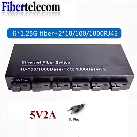 100/1000M Gigabit Ethernet Fiber Switch 6*1.25G Fiber Port 2 RJ45 Port Media Converter 20KM SC Singl