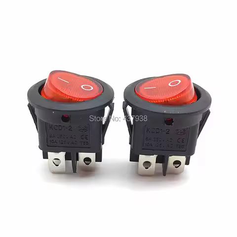 5pcs KCD1 224N Round Rocker Switch With Red Light 4 Pin 6A 250V/10A 125VAC Snap-in SPST ON OFF Rocke