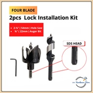 SDS 2pcs Door Knob Lock Installation Kit 22mm Auger Bit 54mm Hole Saw 4 Blades Power Tool Accessorie