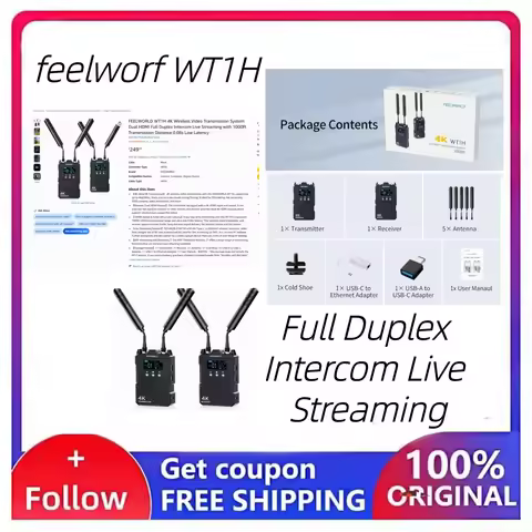 FEELWORLD WT1H 4K Wireless Video Transmission System Dual HDMI-compatible Full Duplex Intercom Live 