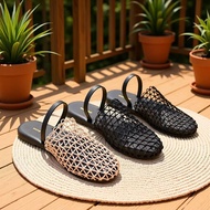 3 Colors Baotou Fishnet Flat Sandals Breathable Two-Wear Hollow Roman Women's Shoes Beach Vacation A
