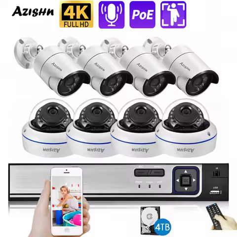 AZISHN 4K 8MP POE Security Camera System AI Motion Detection 8 Port NVR H.265 Home Waterproof CCTV S