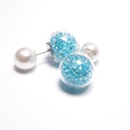A Handmade 湖水藍水晶玻璃球配珍珠前後耳釘