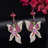 Charming Butterfly Design Gold Plated Dangling Earrings Ruby CZ Crystal 925 Silver Pin Earing for Fe