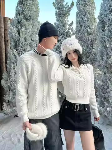Korean Style Miu Sweater Men Women Couple Clothes Autumn Winter Navy Collar One Long One Short Twist