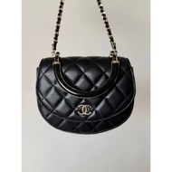 Chanel New Product 25P Portable Bowling Camera Bag, GR Lambskin, Black, Resin Handle, Light Gold Har