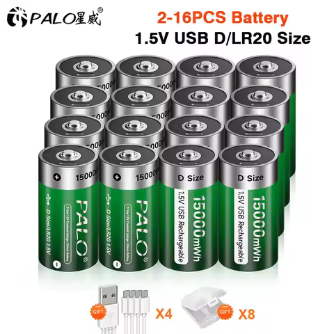 PALO 1.5V D Size Rechargeable Battery USB Cable Charging D R20 LR20 Li-ion Batteries For Gas Stove F