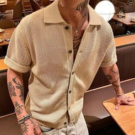 American Retro Knitted Short-sleeved Shirt Mens Summer Collar Jacket High-end Sense Hand-woven Old M