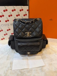 香奈兒/Chanel 23K 黑色荔枝紋牛皮 Duma雙肩包 小書包 21.5cm 98新  大號