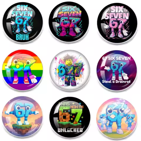 STEAL A BRAINROT Blue 67 Funny Meme Glass Brooches Shirt Lapel Bag Hat Cartoon Pins Clothes Backpack