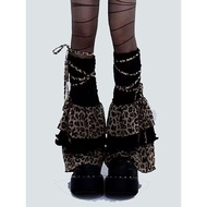 Cool Black New Version Retro Millennium Rock Leopard Print Cake Pile Leg Cover Pile Knitted Laced-Up