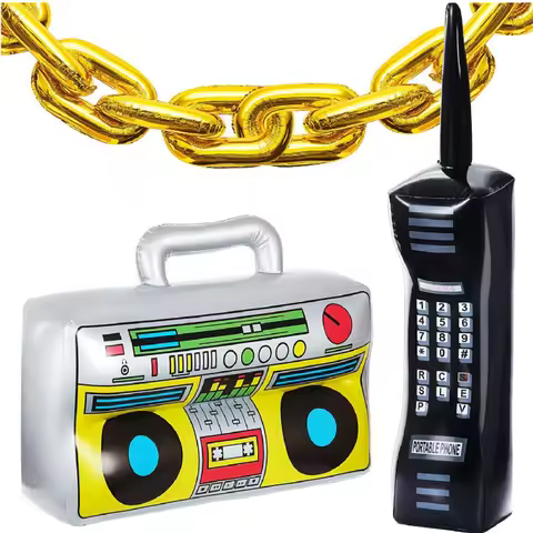 PVC Inflatable Radio Boombox Mobile Phone 16 inch Gold Chains 80s 90s Retro Hip Hop Themed Party Dec
