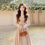 Newlan QZ253 Dress Early Autumn Fairy Dress Velvet Sweet Heart Neck Long Sleeve A line Gaun Lengan P