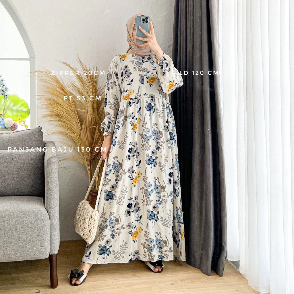 MIDI DRESS RAYON MOTIF BUNGA || DRESS WANITA KEKINIAN || DRESS MUSLIM