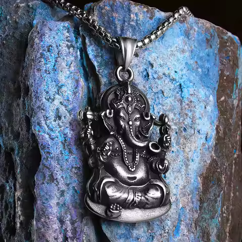Hinduism Ganesha Powerful Amulet Men Necklaces Stainless Steel Pendant Chain Women Jewelry Vintage A