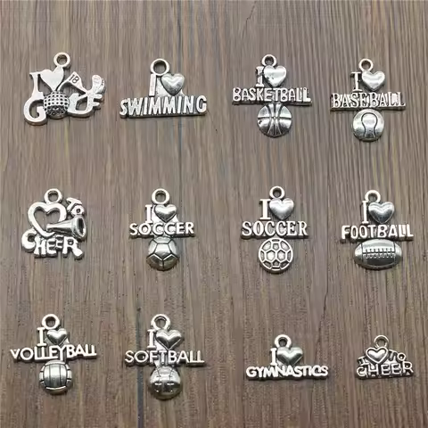 20pcs Charms I Love Sports Antique Silver Color Sport Charm Golf Basketball Baseball Football Volley