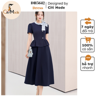 Đầm công sở CITI MODE FASHION thiết kế Đầm xòe peplum tím than cổ phối kẻ nơ DH5642
