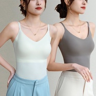 Ice Silk Slimming Long Suspenders Camisole with Bra Pads V-neck Summer Tank Top