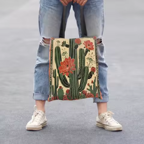 1pc Vibrant Mexican Cactus Print Tote Bag Stylish Polyester Shoulder Handbag for Beach Travel Vibran