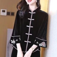 MAIMEI | Áo khoác lụa nhung rộng rãi cho phụ nữ mùa thu 2025 Áo khoác ngoài kiểu Trung Quốc cổ đứng