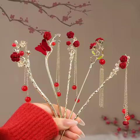 Re Flower Hairpins New Chinese Hanfu Hair Accessories Rose Floral Tassel Metal Hair Stick Cintage We