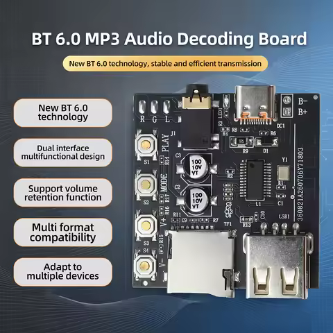 Bluetooth 6.0 MP3 Audio Decoder Board Audio Receiver with Type-C Interface for Multi-Format Playback